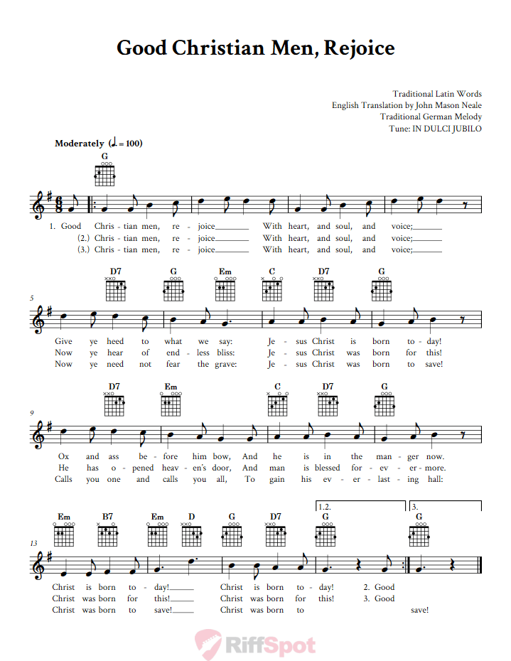 Good Christian Men Rejoice Guitar Chords and Vocal Sheet Music
