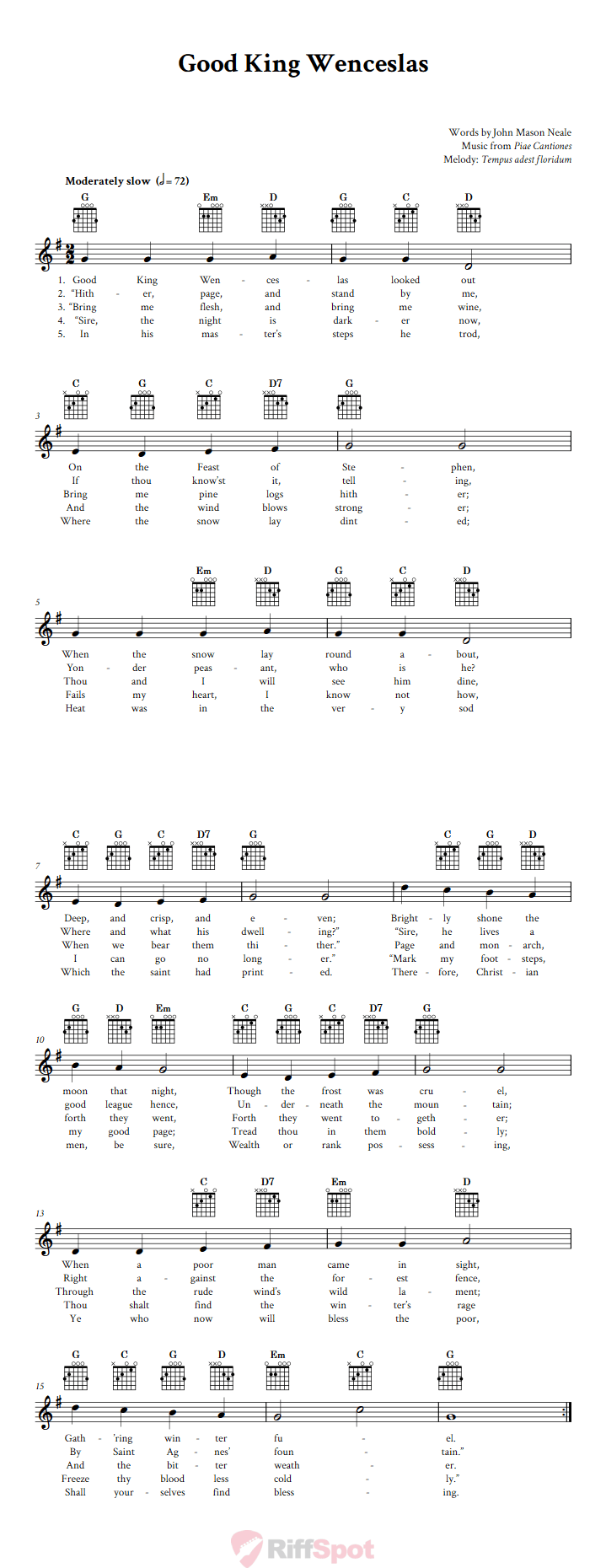 Good King Wenceslas Guitar Chords and Vocal Sheet Music