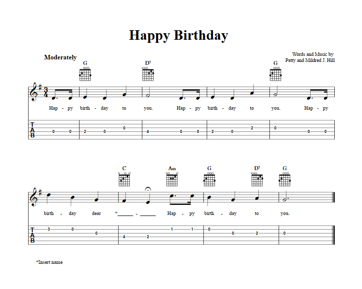 Happy Birthday Easy Guitar Sheet Music And Tab With Chords And Lyrics