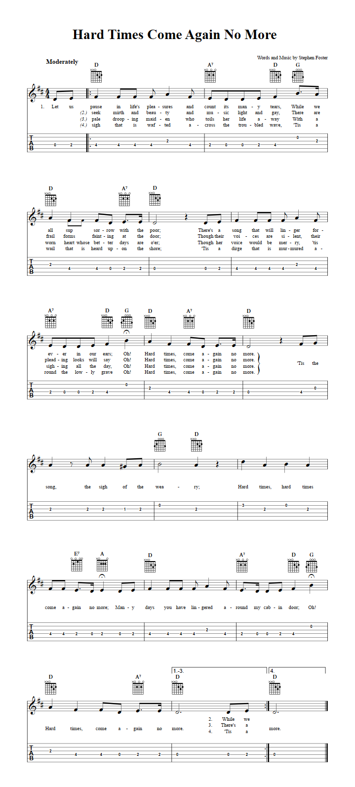 Hard Times Come Again No More - Guitar Sheet Music and Tab with Chords and