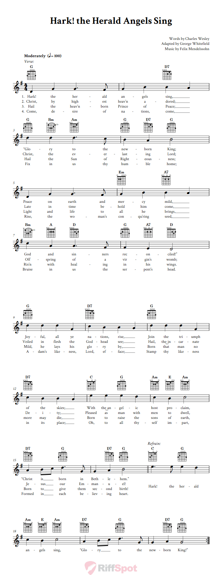 Hark! the Herald Angels Sing Guitar Chords and Vocal Sheet Music