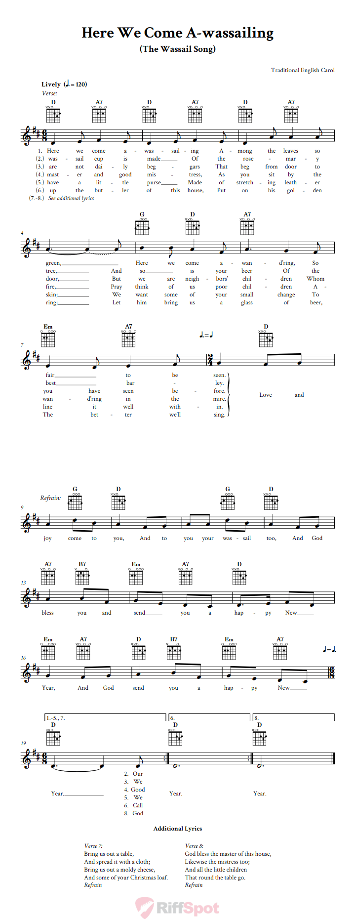 Here We Come A-wassailing Guitar Chords and Vocal Sheet Music