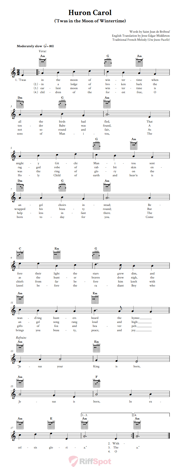 Huron Carol Guitar Chords and Vocal Sheet Music