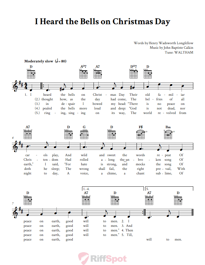 I Heard the Bells on Christmas Day Guitar Chords and Vocal Sheet Music