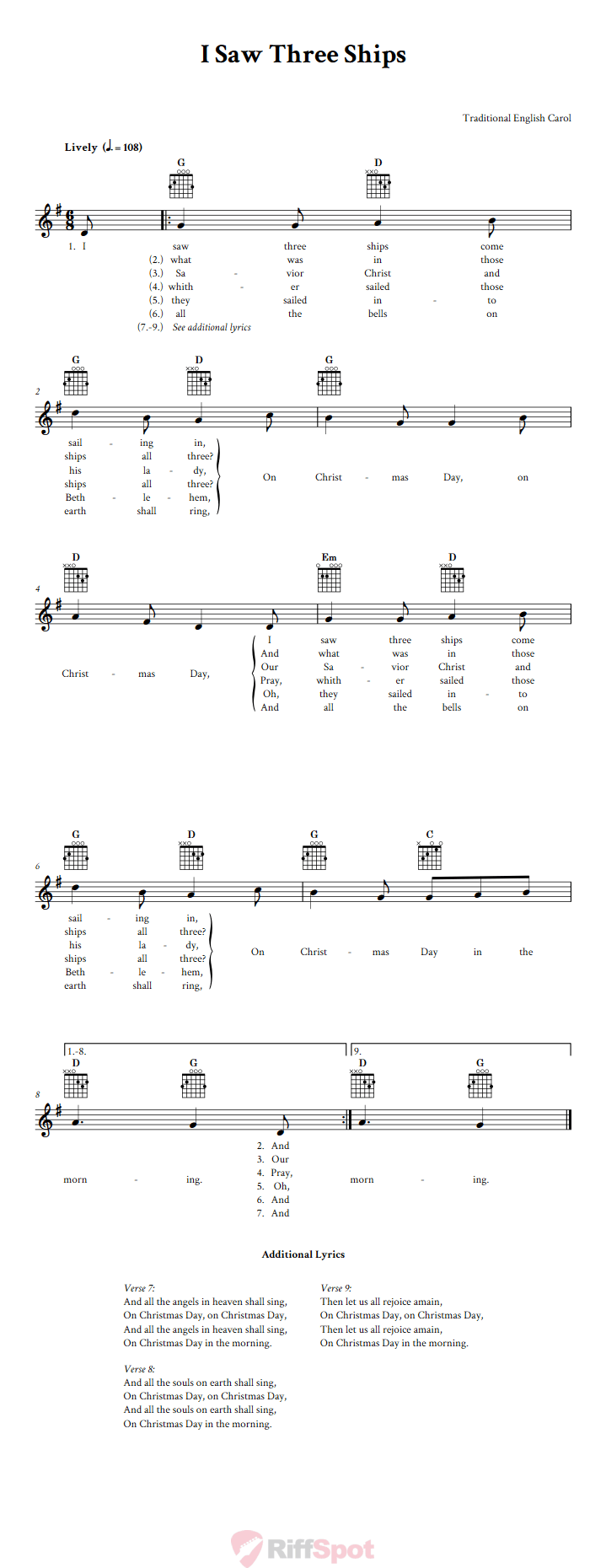 I Saw Three Ships Guitar Chords and Vocal Sheet Music