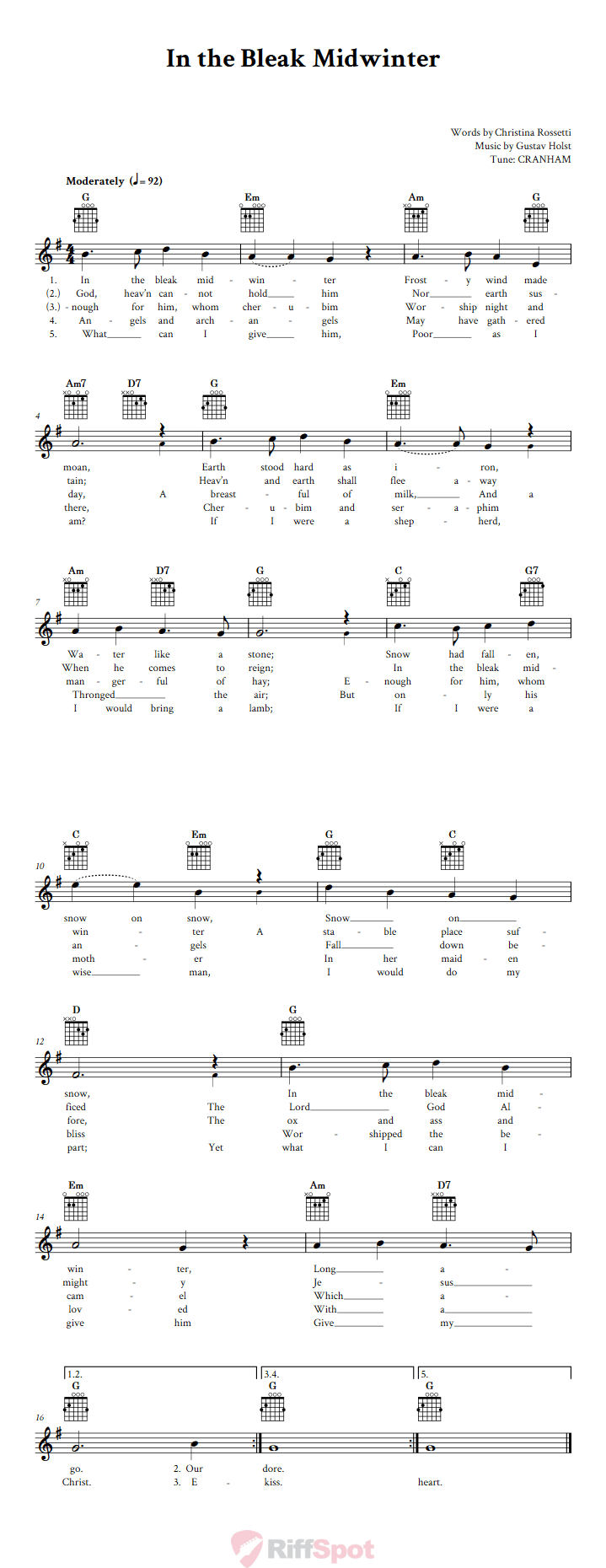 In the Bleak Midwinter Guitar Chords and Vocal Sheet Music
