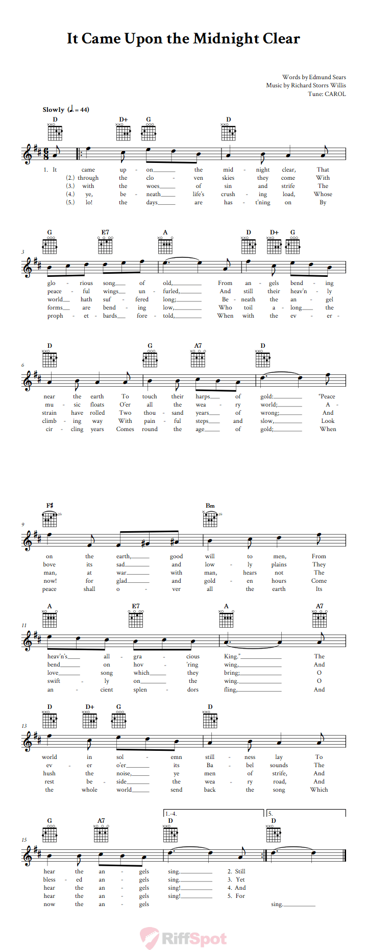 It Came Upon the Midnight Clear Guitar Chords and Vocal Sheet Music