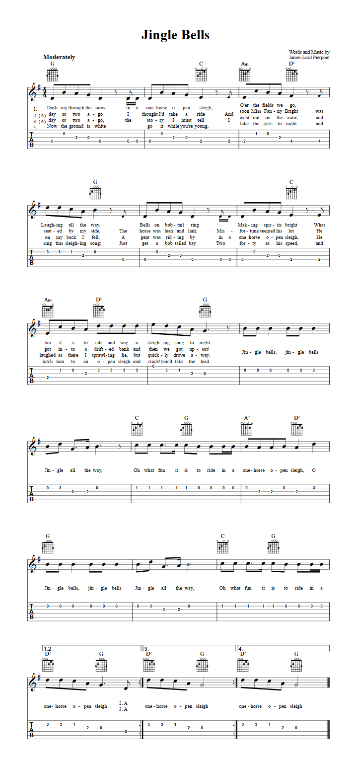 Jingle Bells - Guitar Sheet Music and Tab with Chords Lyrics