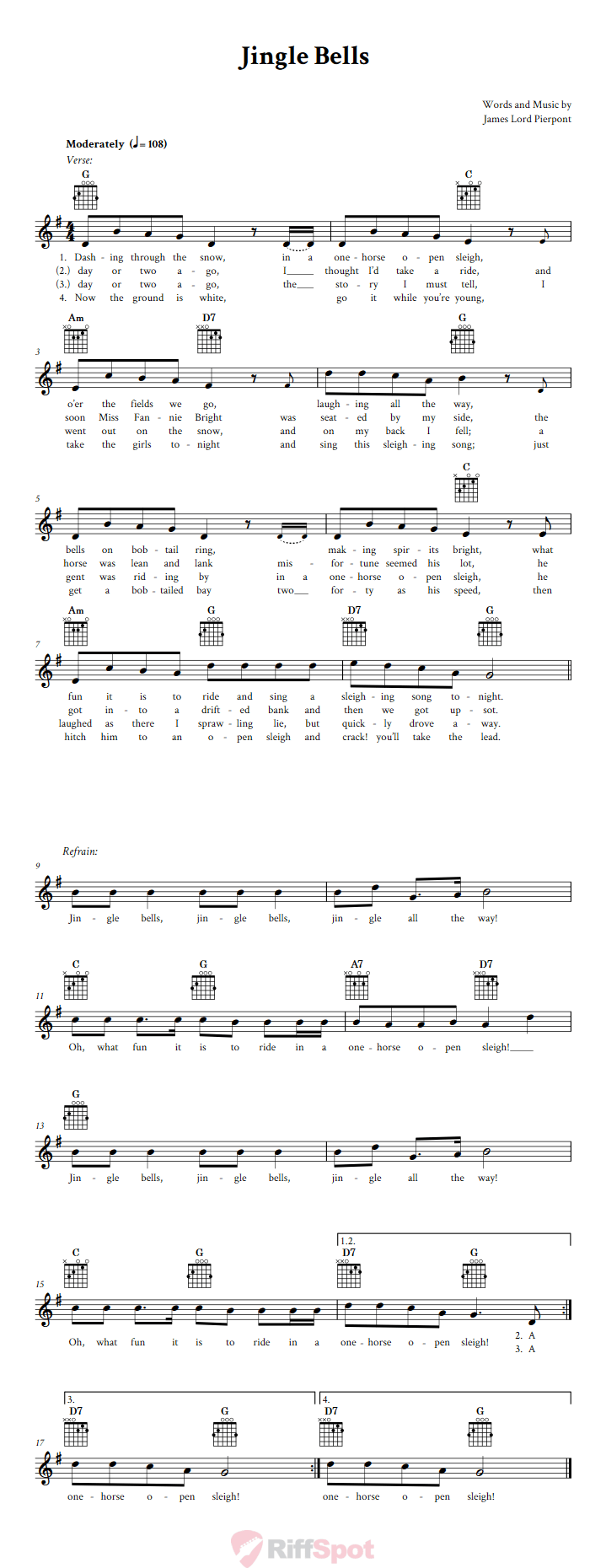 Jingle Bells Guitar Chords and Vocal Sheet Music