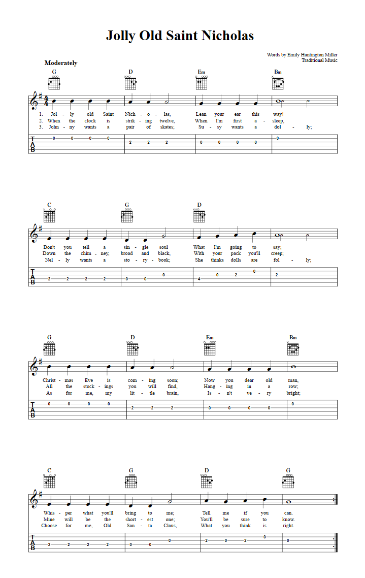 Jolly Old Saint Nicholas Easy Guitar Sheet Music and Tab with Chords