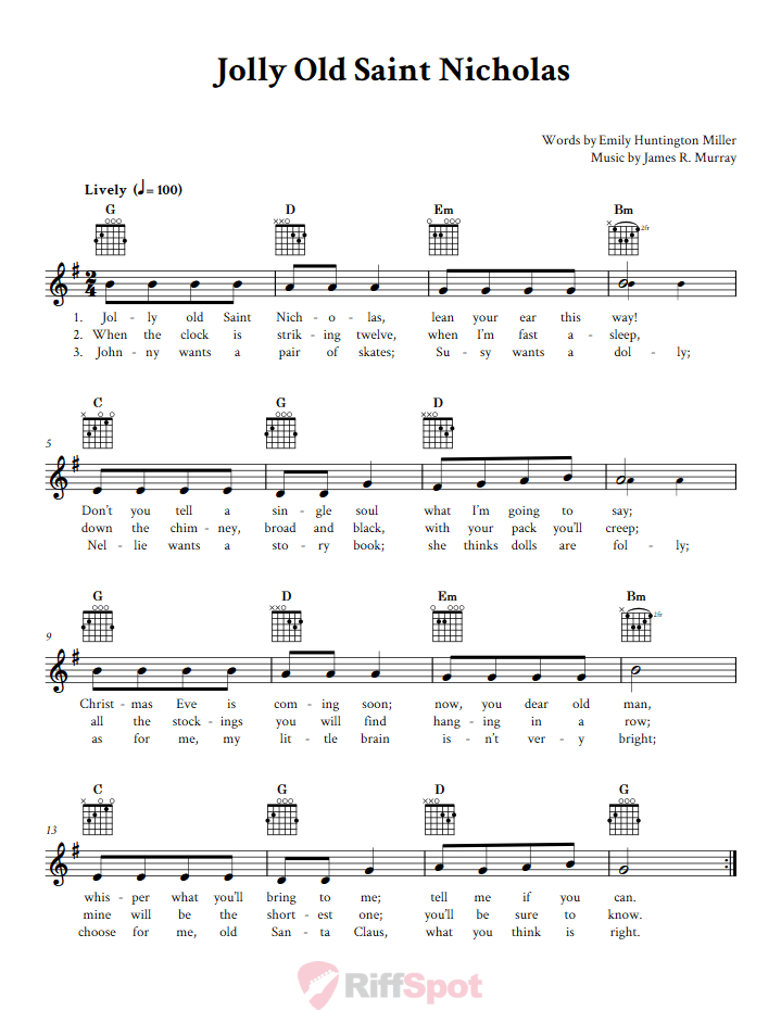 Jolly Old Saint Nicholas Guitar Chords and Vocal Sheet Music