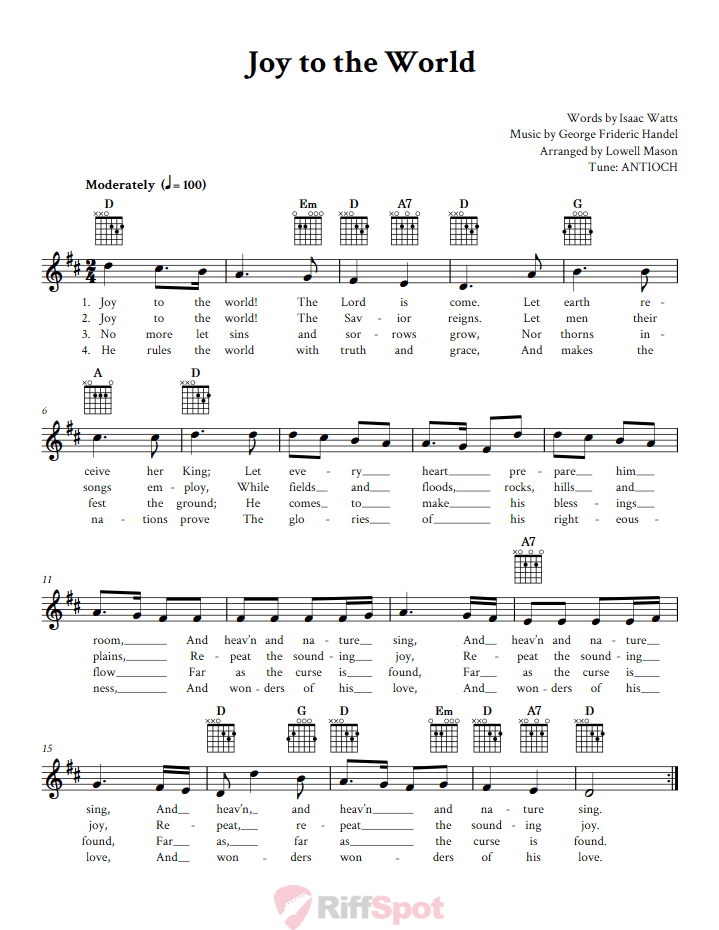 Joy to the World Guitar Chords and Vocal Sheet Music