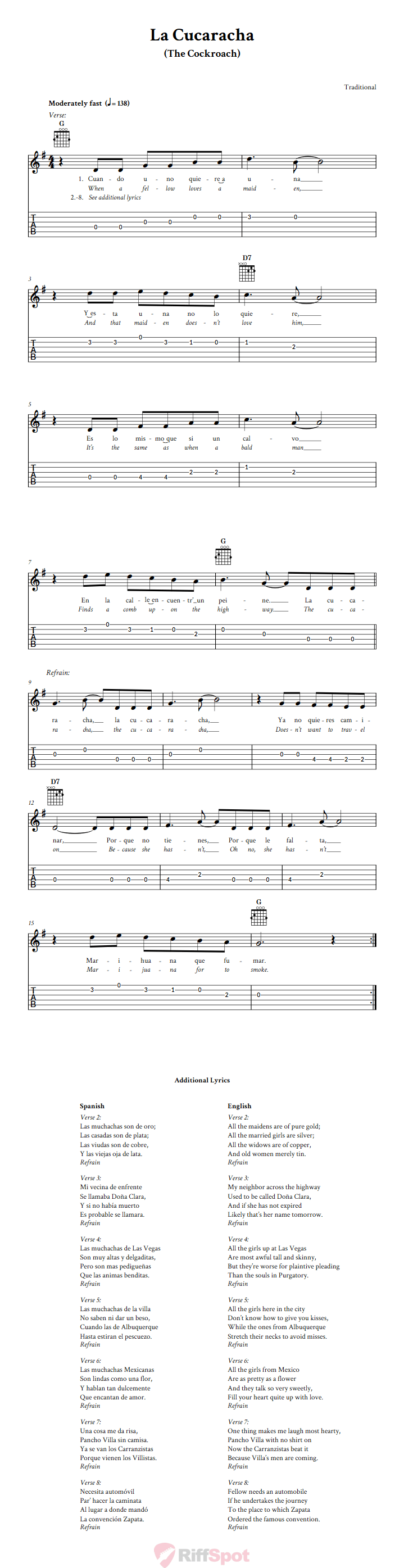 La Cucaracha Guitar Tab