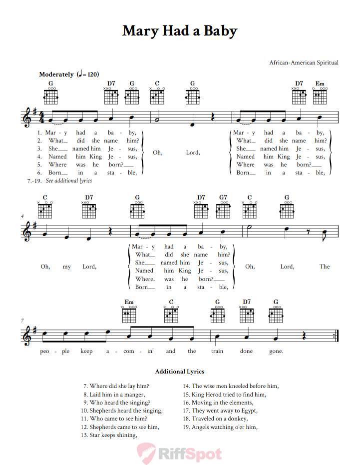 Mary Had a Baby Guitar Chords and Vocal Sheet Music
