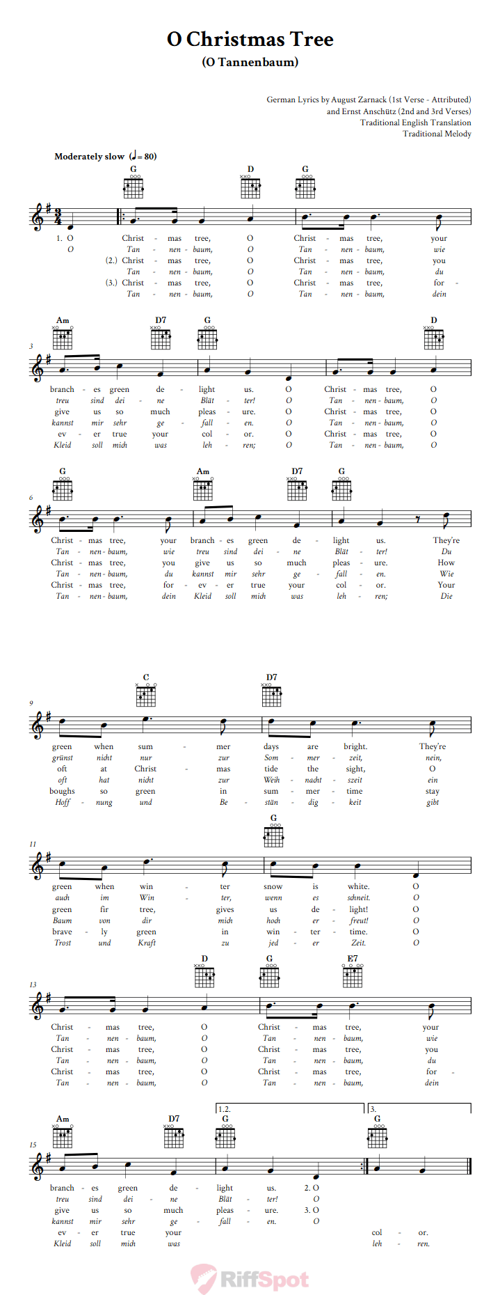 O Christmas Tree Guitar Chords and Vocal Sheet Music