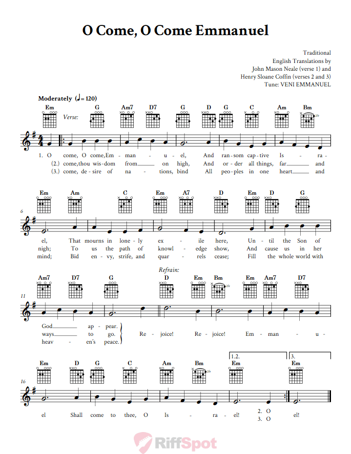 O Come, O Come Emmanuel Guitar Chords and Vocal Sheet Music
