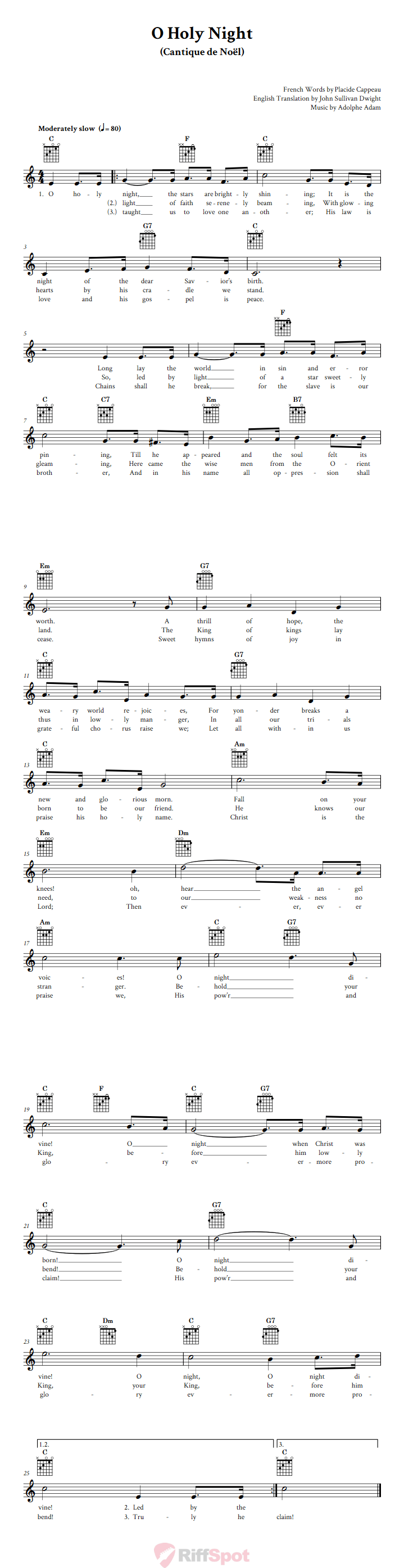 O Holy Night Guitar Chords and Vocal Sheet Music