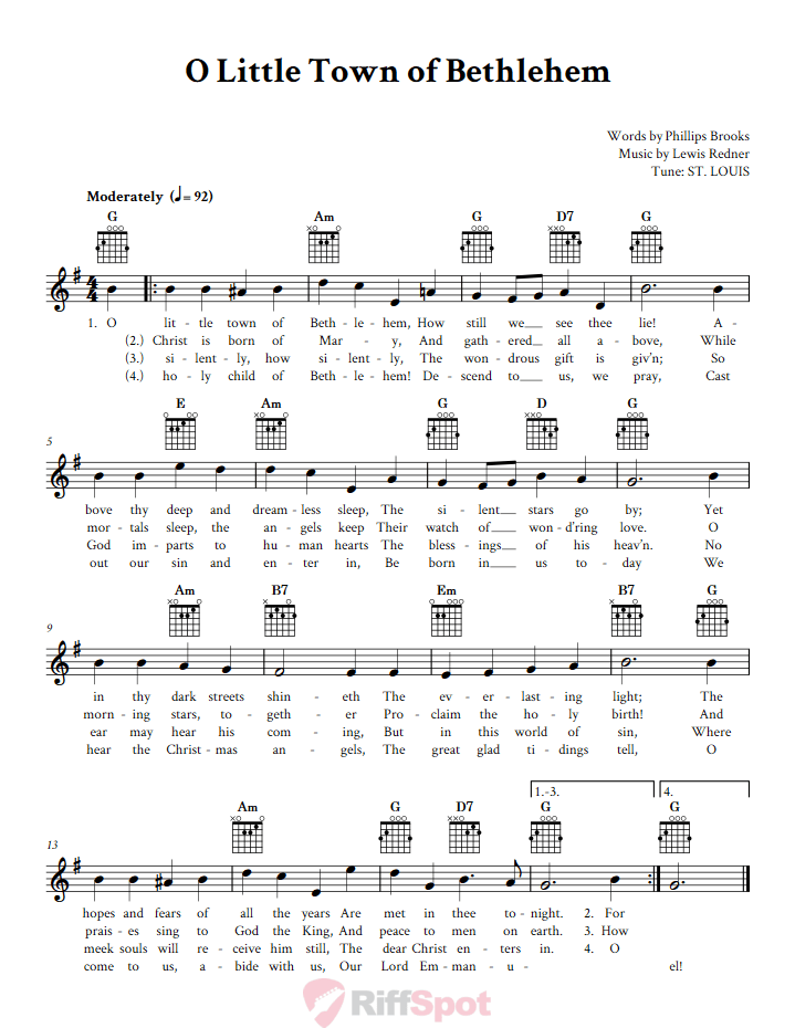 O Little Town of Bethlehem Guitar Chords and Vocal Sheet Music