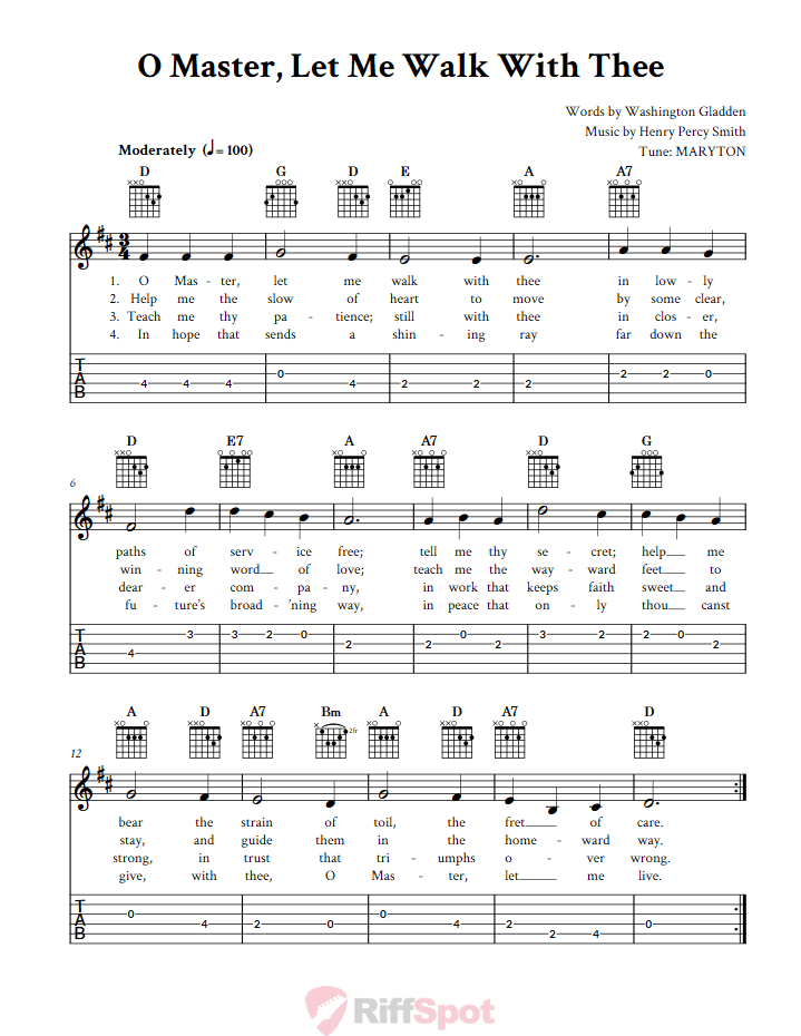 O Master Let Me Walk With Thee Easy Guitar Sheet Music And Tab With