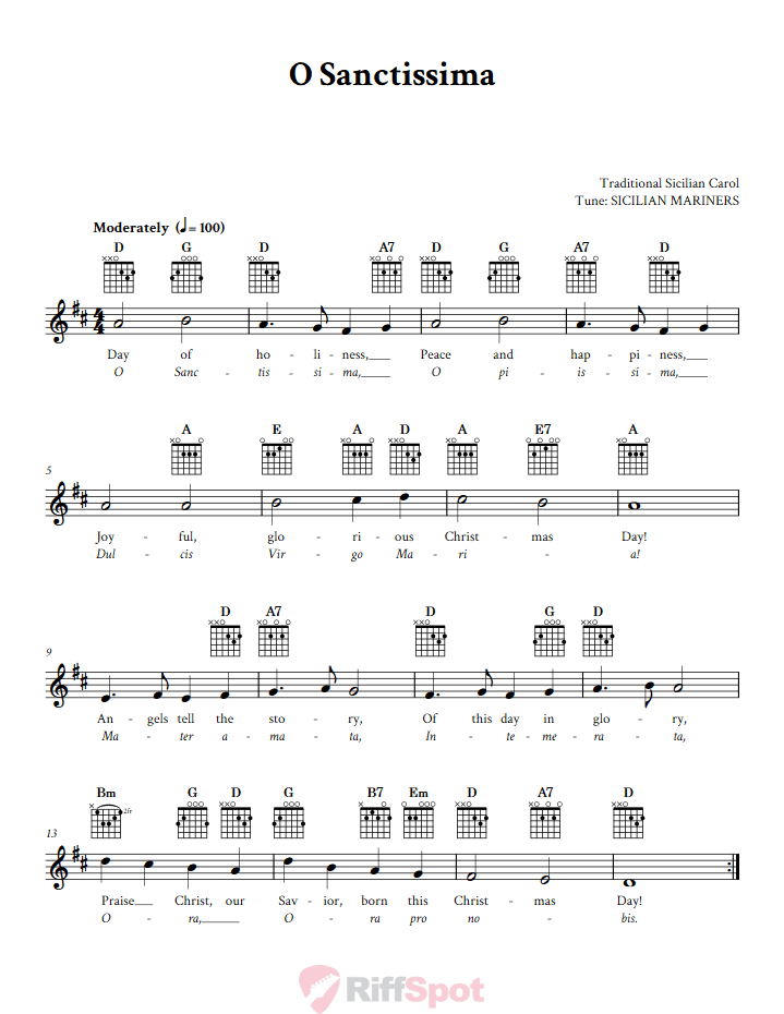 O Sanctissima Guitar Chords and Vocal Sheet Music