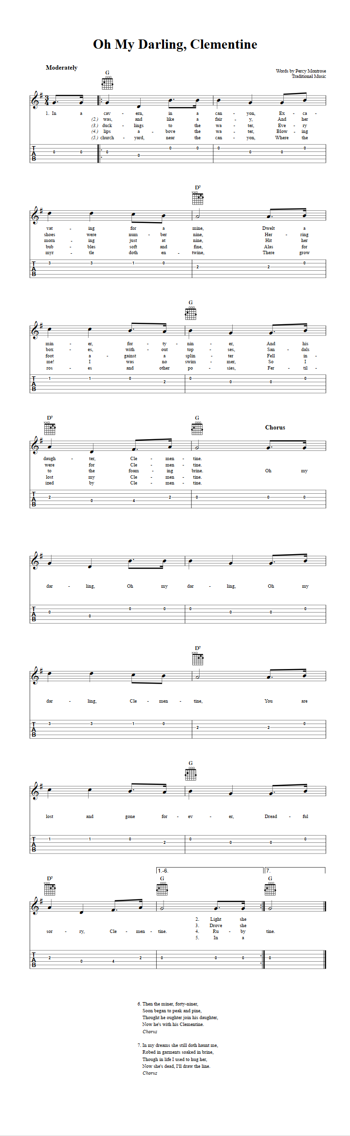 My Darling, Clementine - Easy Guitar Sheet Music and Tab with Chords and Lyrics