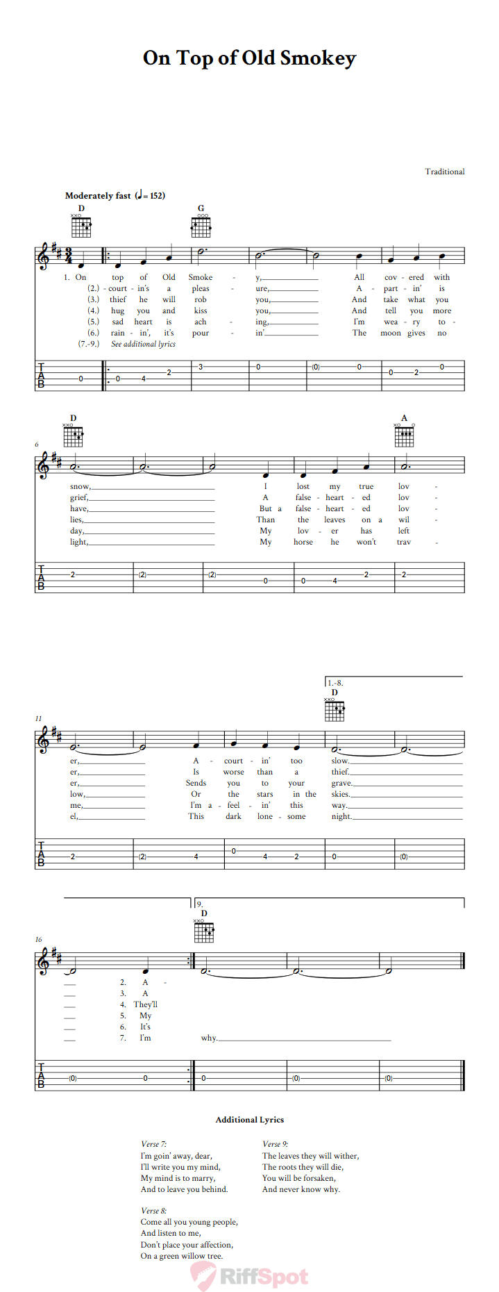 On Top of Old Smokey Guitar Tab