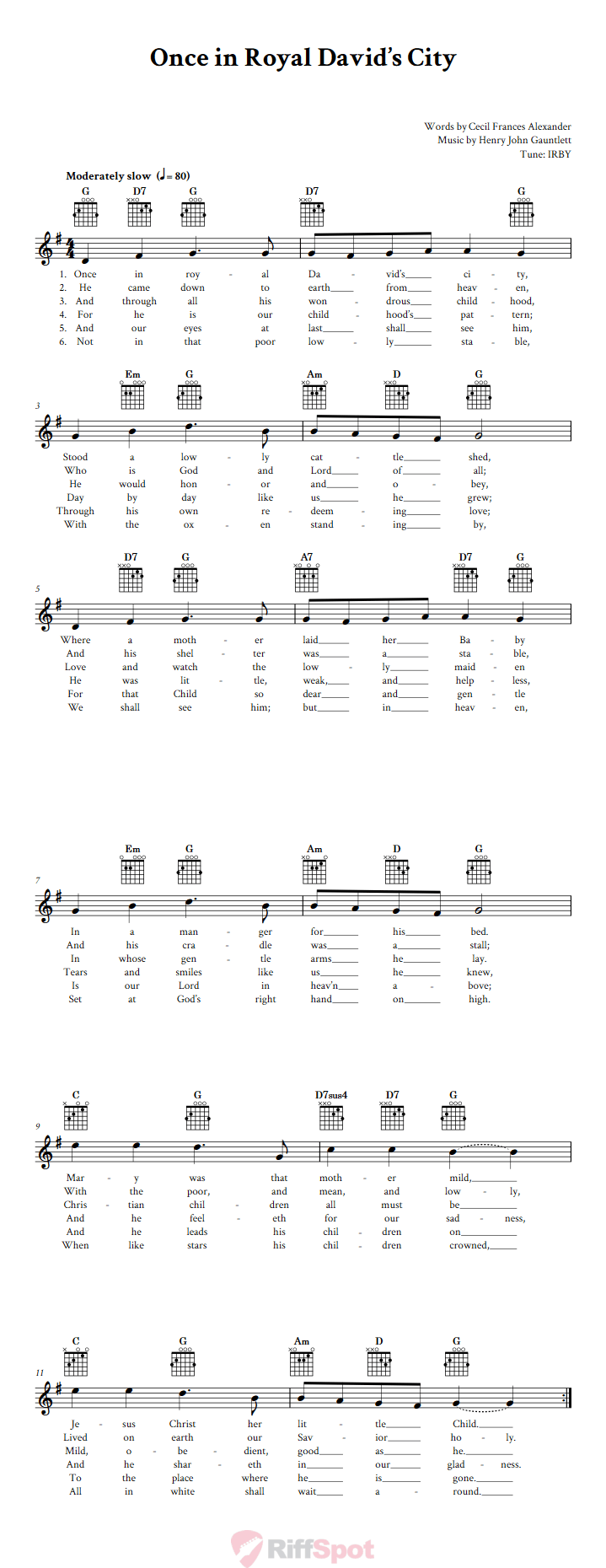 Once in Royal David's City Guitar Chords and Vocal Sheet Music
