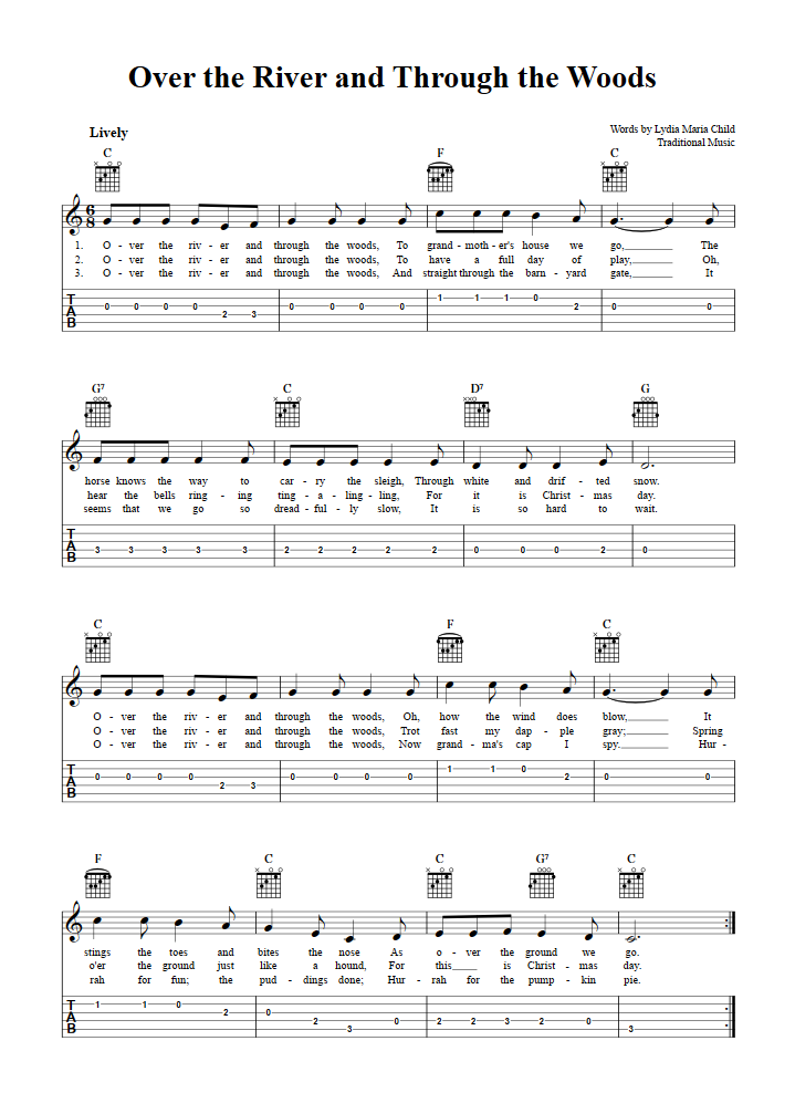 Over The River And Through The Woods Easy Guitar Sheet Music And Tab With Chords And Lyrics