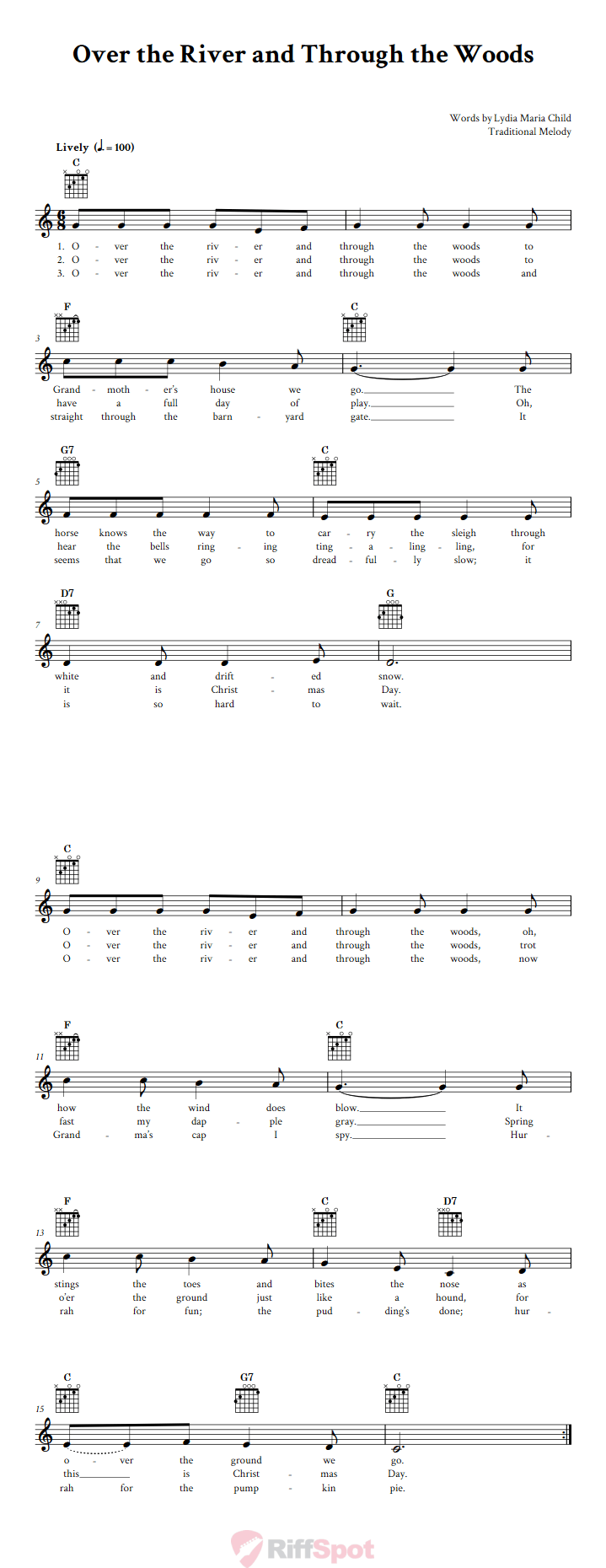 Over the River and Through the Woods Guitar Chords and Vocal Sheet Music