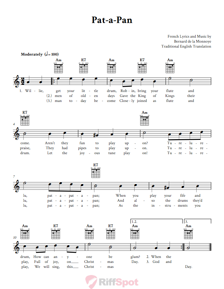 Pat-A-Pan Guitar Chords and Vocal Sheet Music