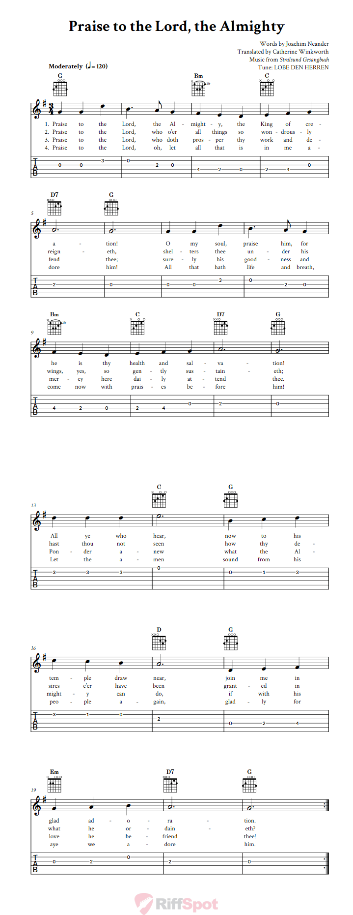 Praise To The Lord The Almighty Easy Guitar Sheet Music And Tab With 
