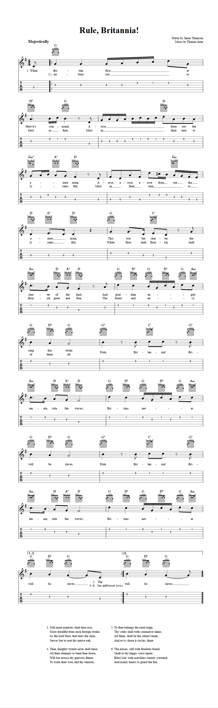 Rule Britannia Easy Guitar Sheet Music and Tab with Chords and Lyrics