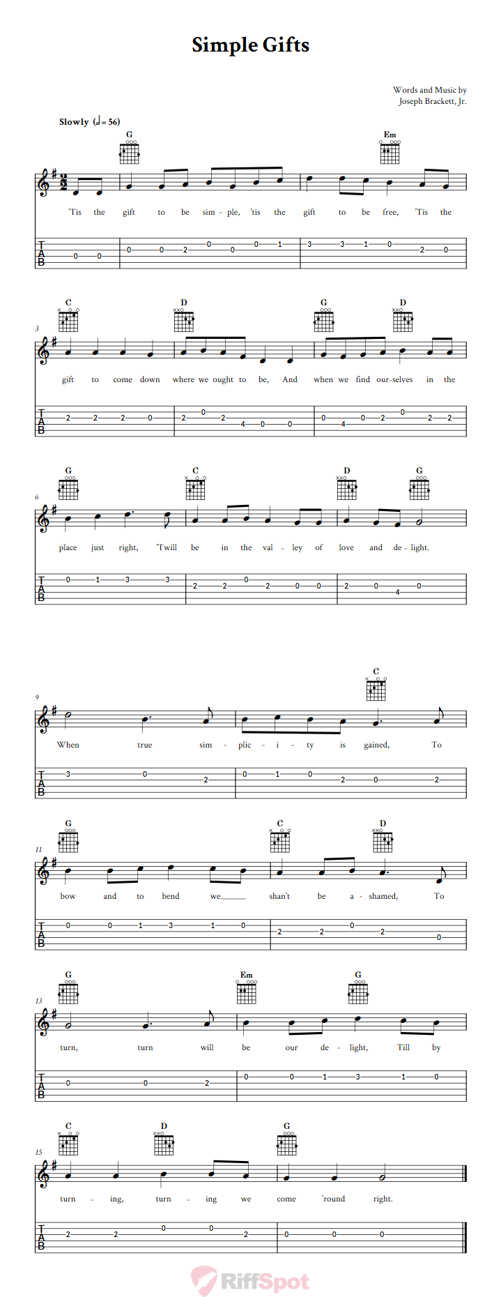 Simple Gifts Guitar Tab