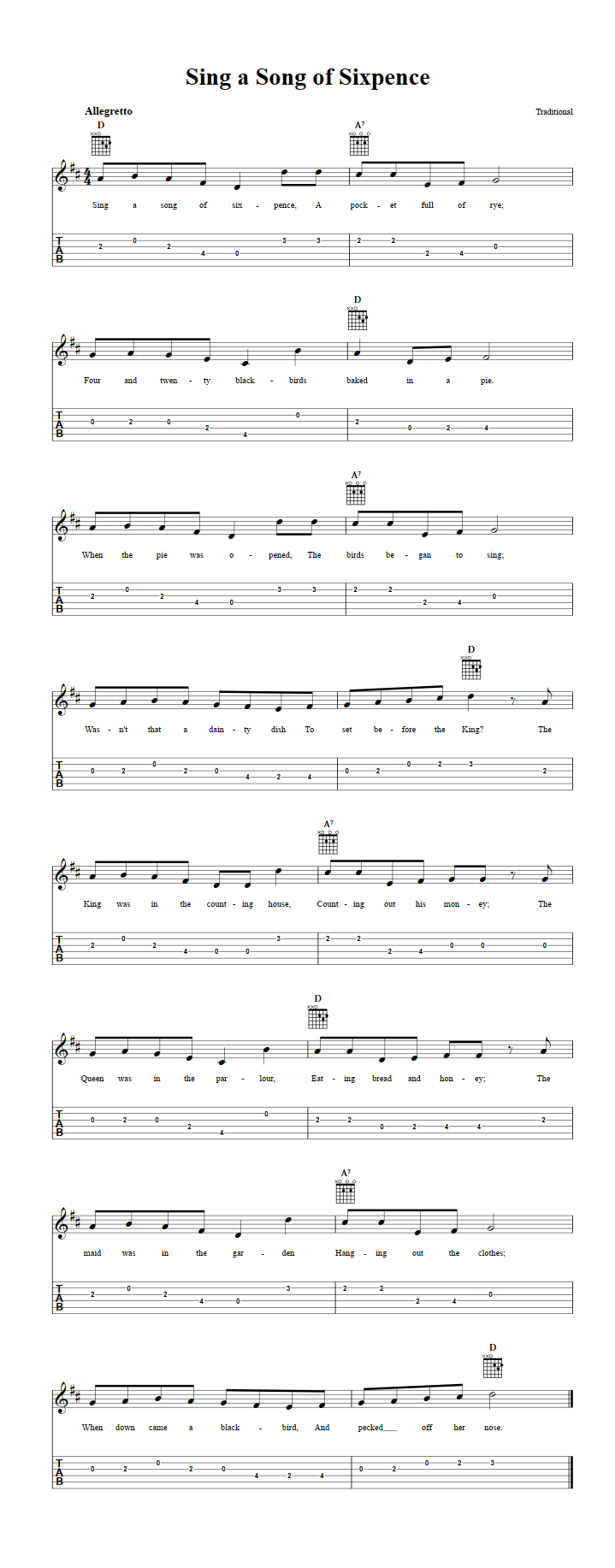 Sing a Song of Sixpence Guitar Tab