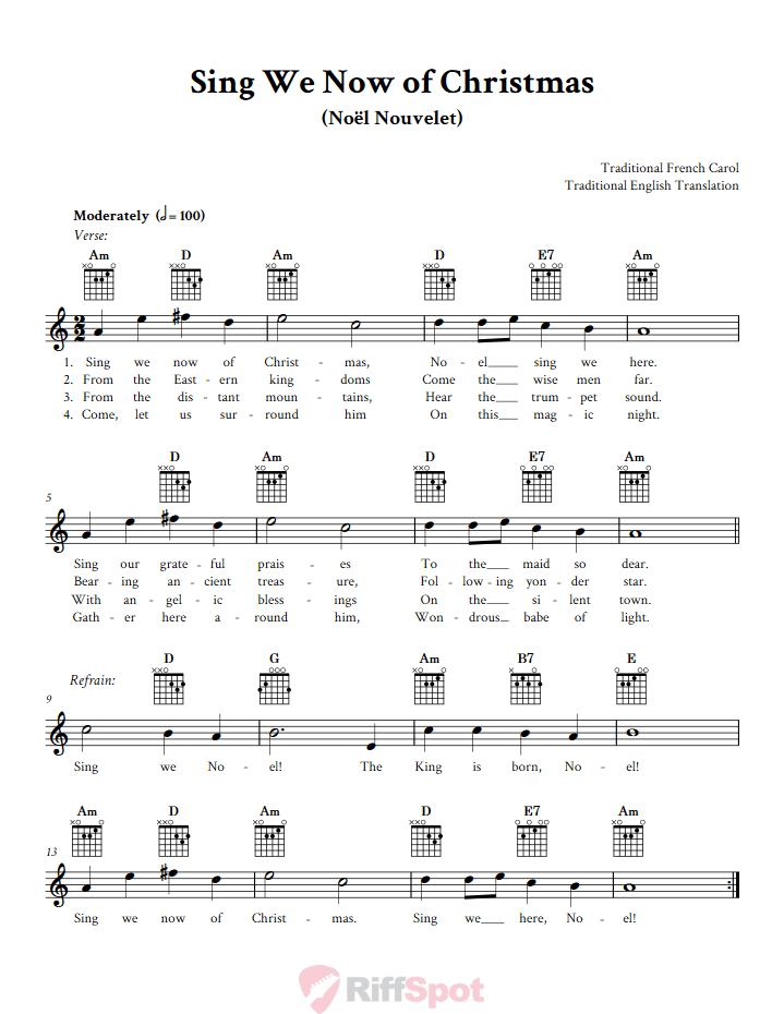 Sing We Now of Christmas Guitar Chords and Vocal Sheet Music