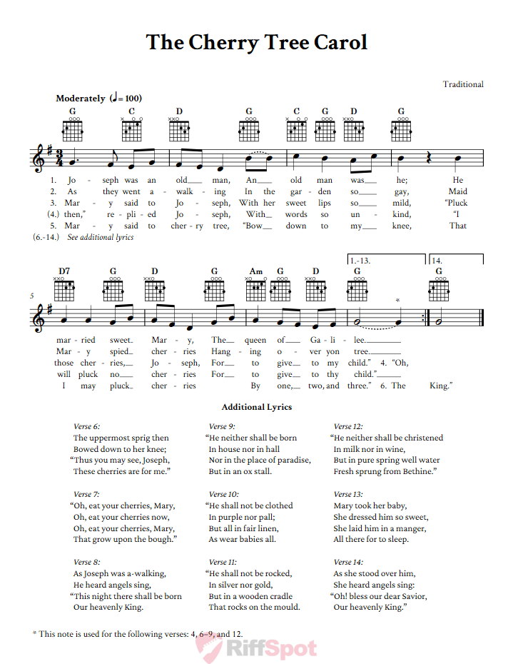 The Cherry Tree Carol Guitar Chords and Vocal Sheet Music