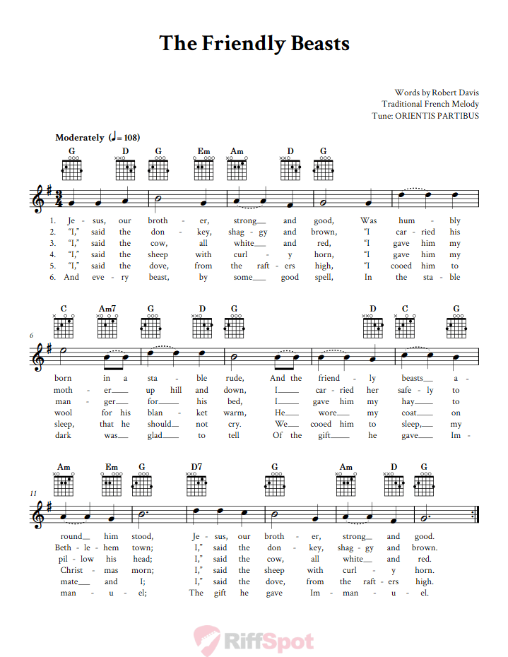 The Friendly Beasts Guitar Chords and Vocal Sheet Music