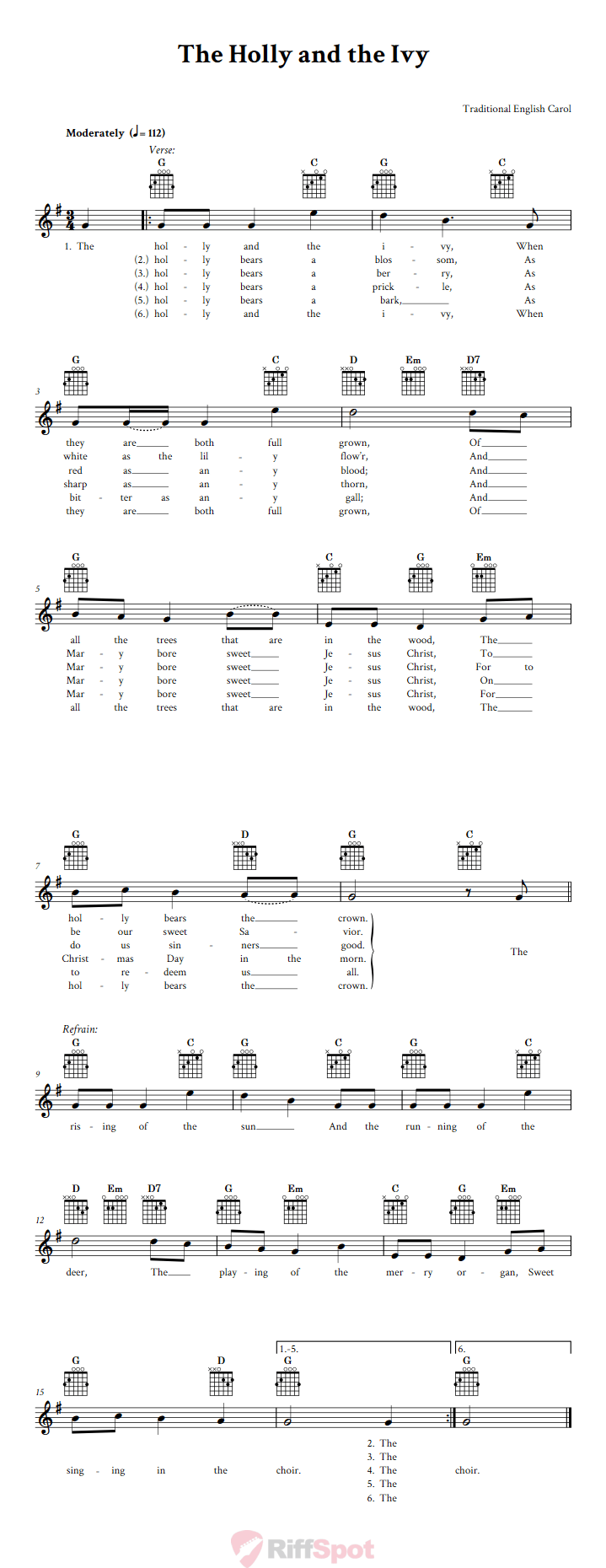 The Holly and the Ivy Guitar Chords and Vocal Sheet Music
