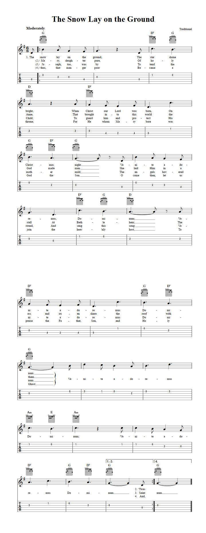 Snow Lay the Ground - Guitar Sheet Music and Tab with and Lyrics