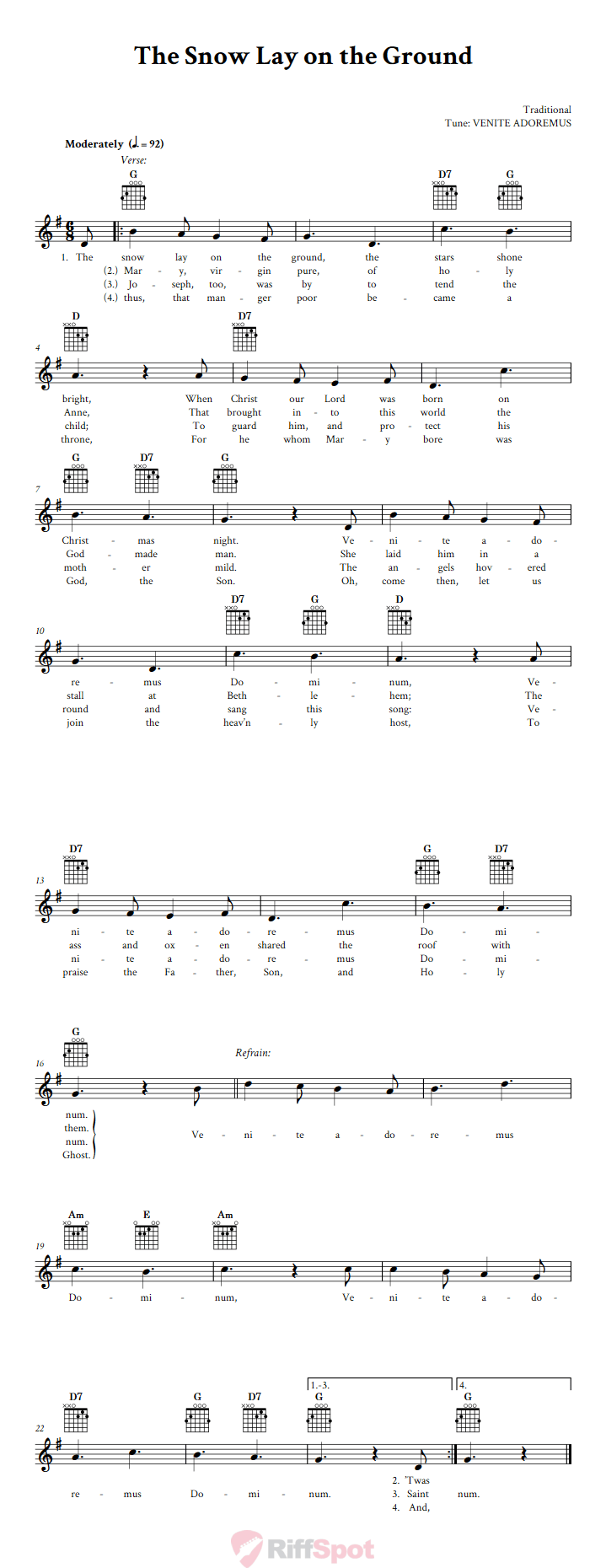 The Snow Lay on the Ground Guitar Chords and Vocal Sheet Music