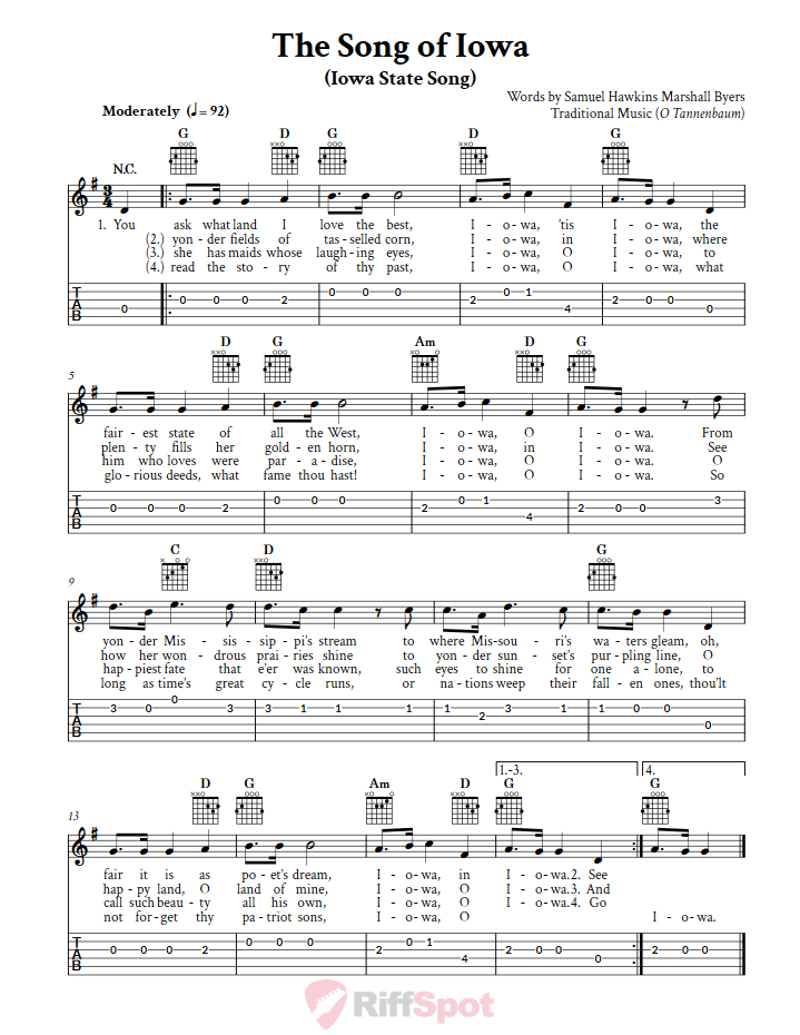 The Song of Iowa Guitar Tab