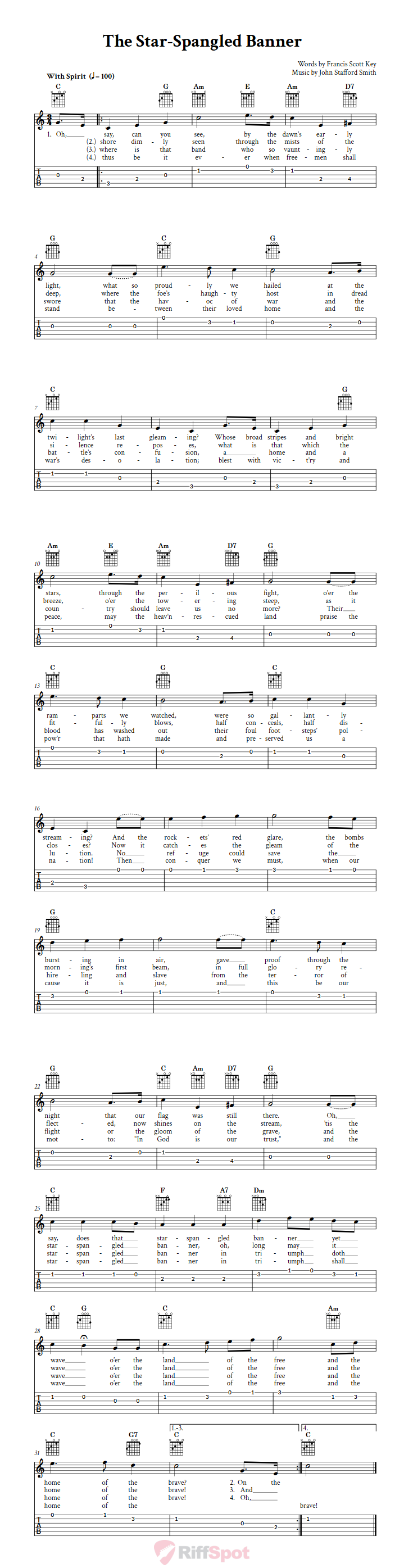 The Star-Spangled Banner Guitar Tab