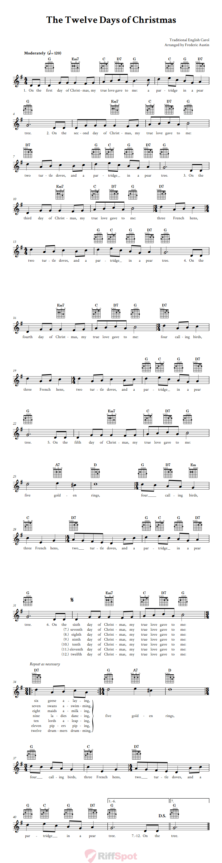The Twelve Days of Christmas Guitar Chords and Vocal Sheet Music