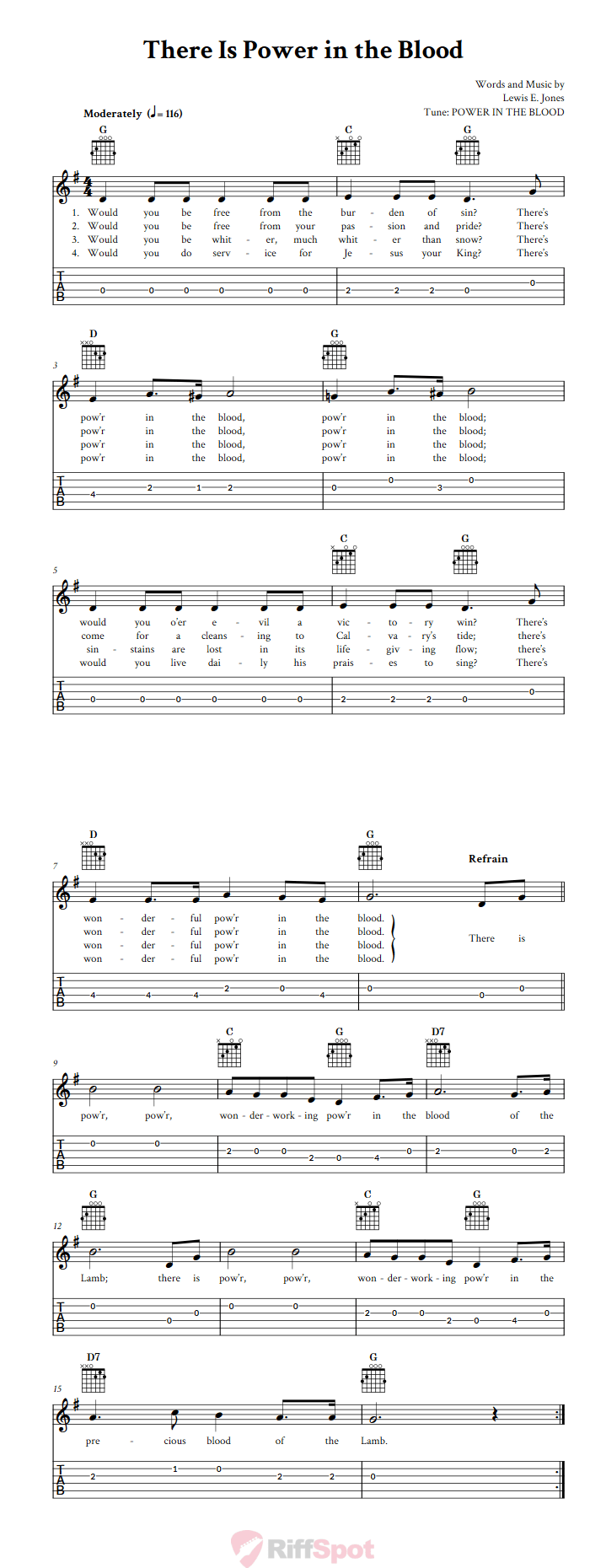 There Is Power In The Blood Easy Guitar Sheet Music And Tab With