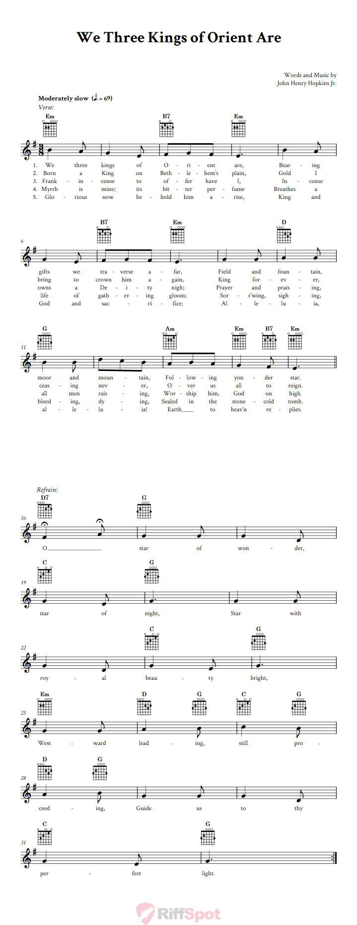We Three Kings of Orient Are Guitar Chords and Vocal Sheet Music