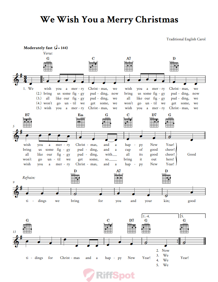 We Wish You a Merry Christmas Guitar Chords and Vocal Sheet Music