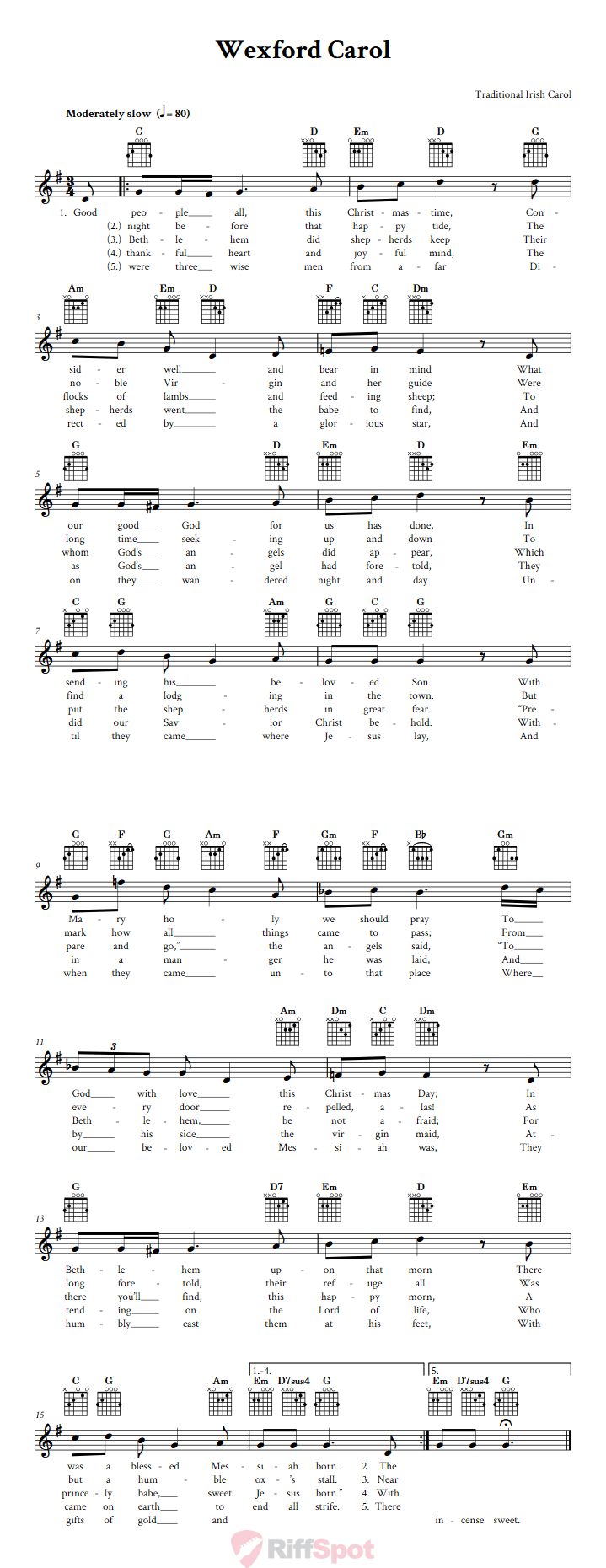 Wexford Carol Guitar Chords and Vocal Sheet Music