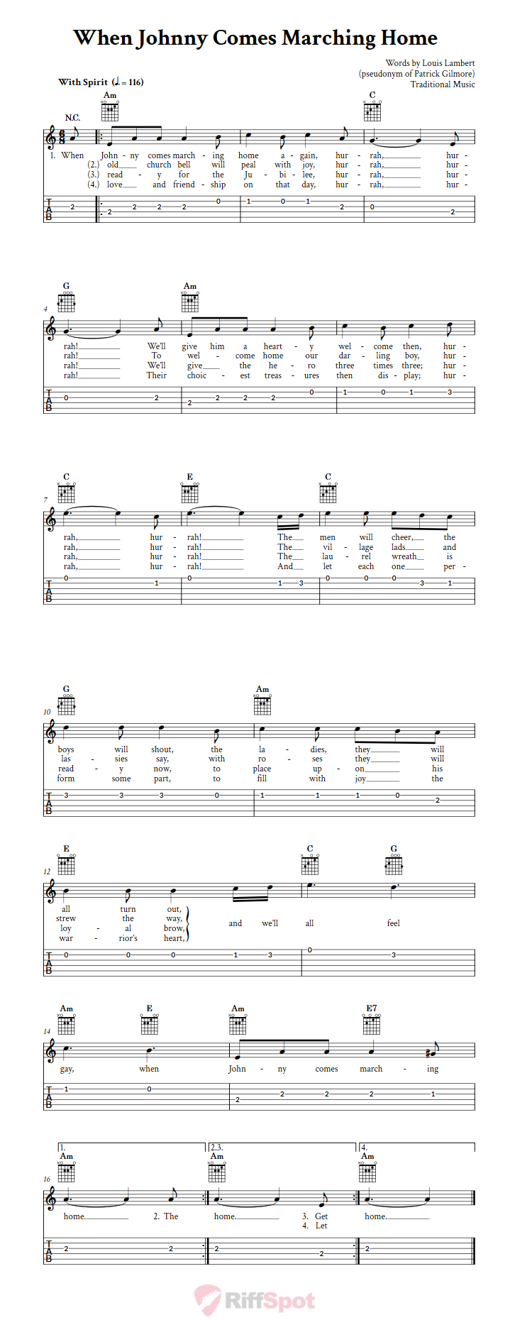 When Johnny Comes Marching Home Guitar Tab