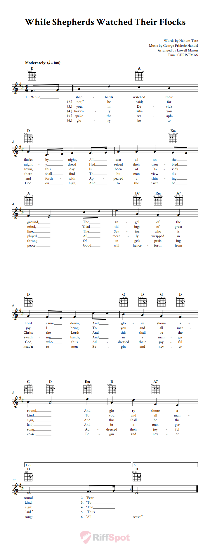While Shepherds Watched Their Flocks Guitar Chords and Vocal Sheet Music