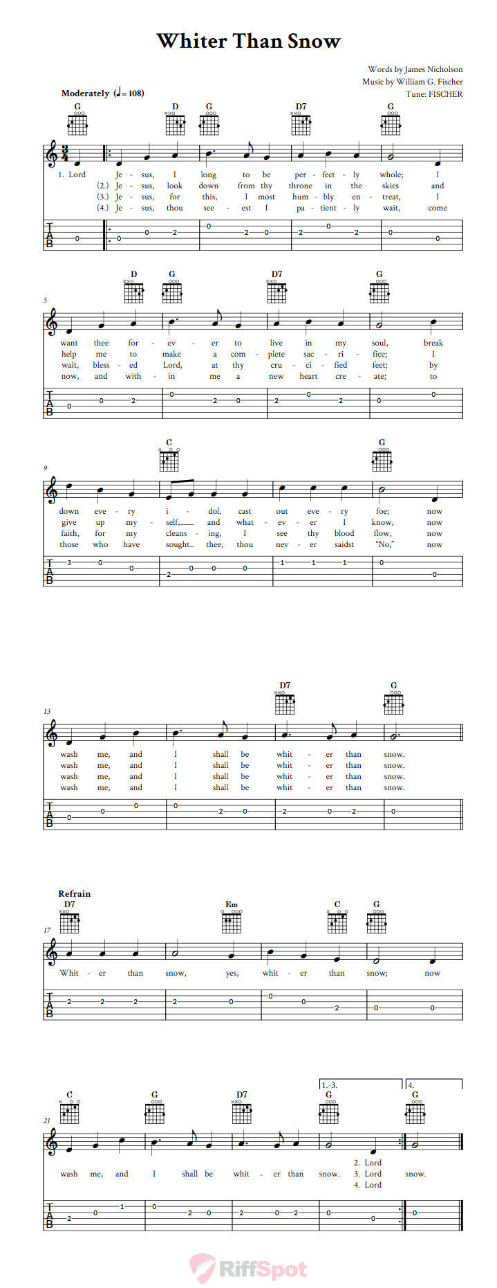 Whiter than - Easy Guitar Sheet Music and Tab with Chords and Lyrics